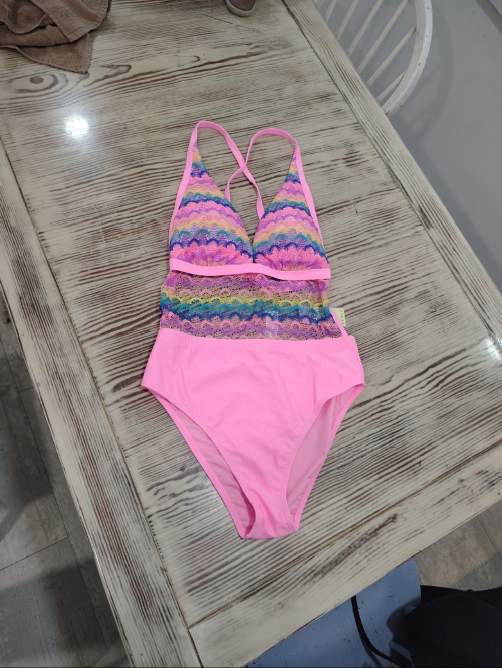 New Venus Pink One-Piece Swimsuit with Multicolor Crochet Bodice size large